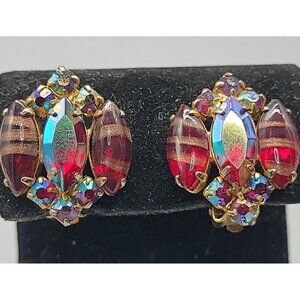 Juliana Copper Fluss Cranberry & Aurora Borealis Clip On Earrings Vintage D & E